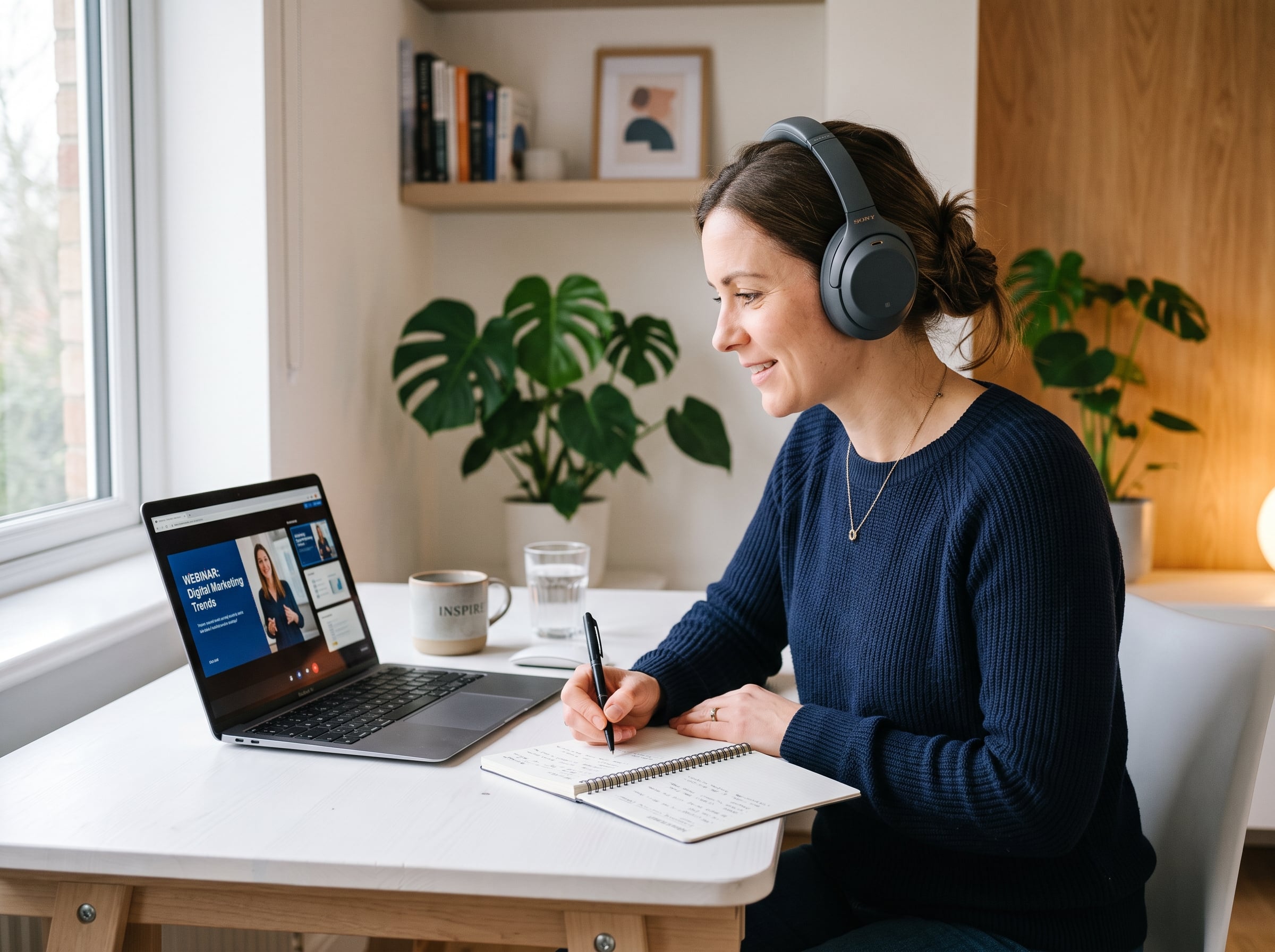 Teilnehmerin verfolgt konzentriert ein Webinar